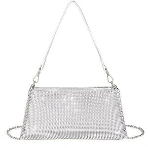 Women Silver Shoulder Imported Bling Rhinestone Evening Cocktail Chain Clutch